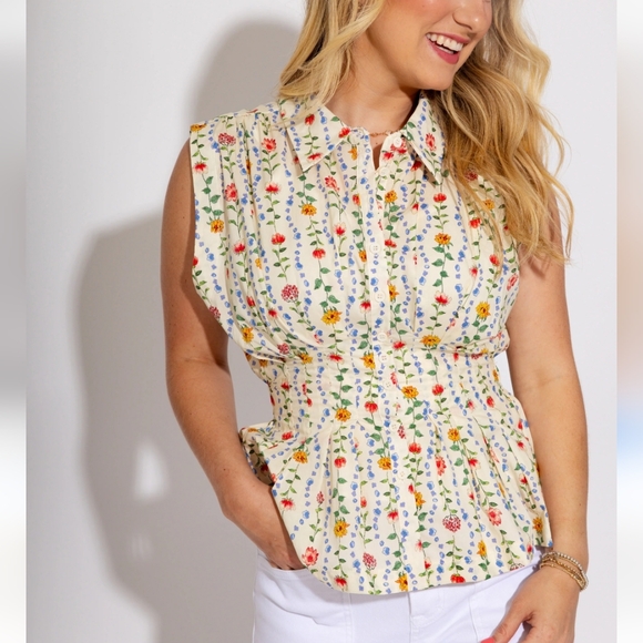 &Merci NWT Floral Button Down Pleated Waist Peplum Top Size Large - Picture 2 of 11